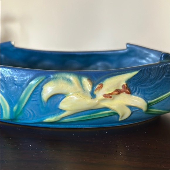 Roseville USA 475-12” Blue Zephyr Lily (yellow) Ceramic Art Bowl Vintage - Picture 10 of 14